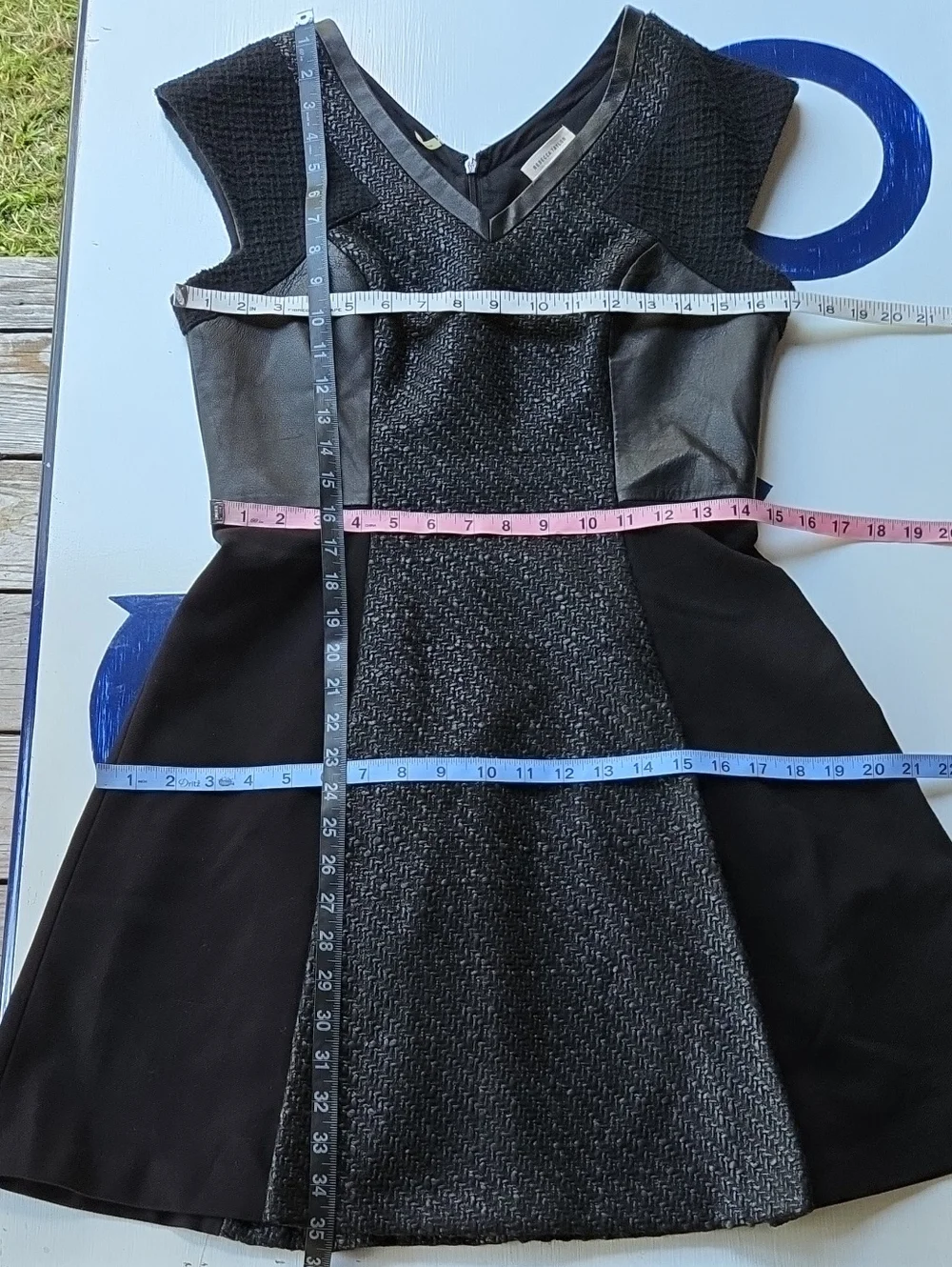 Rebecca Taylor Black Tweed Midi Dress With Lamb Leather Trim Size 6
